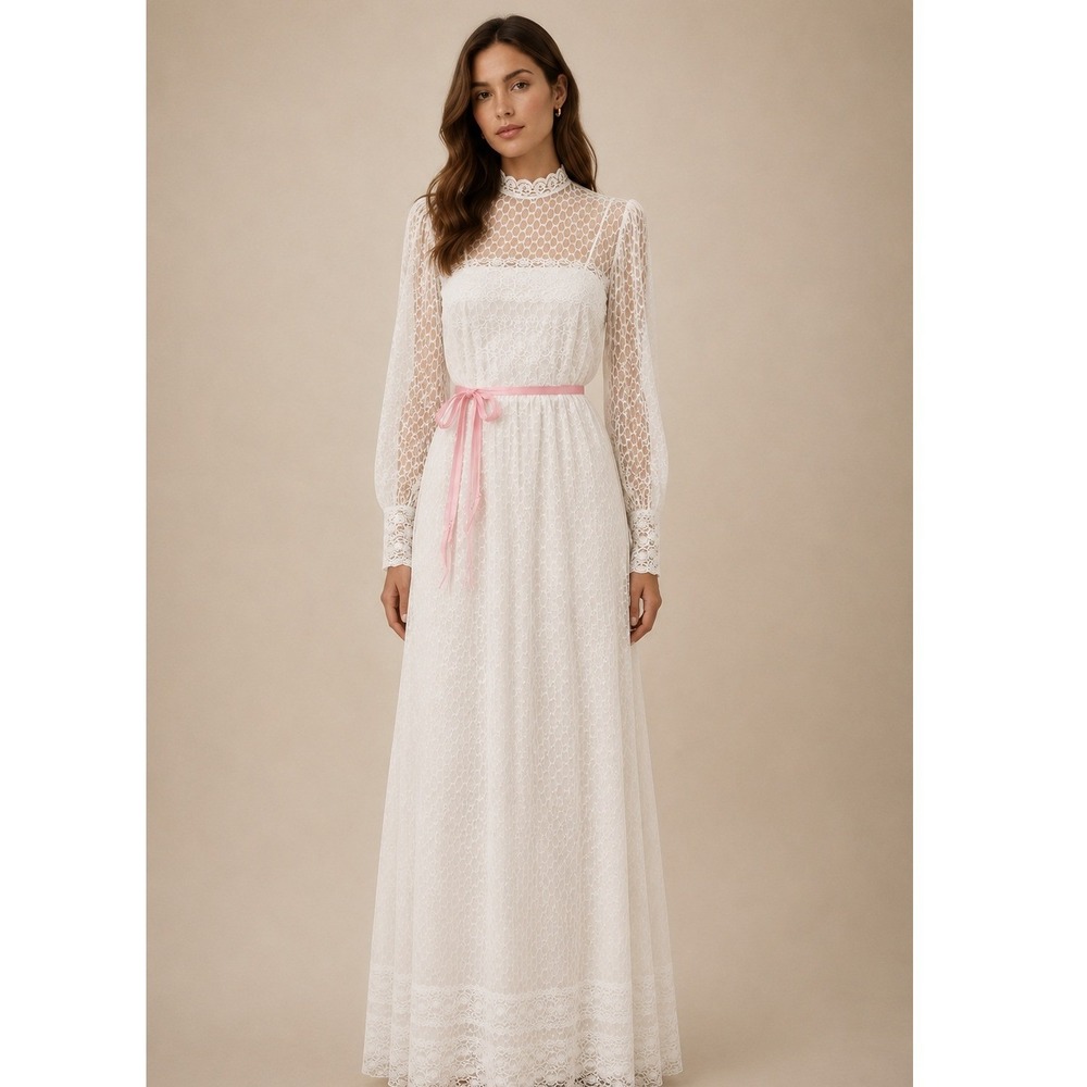 Vintage 70s Lace Sheer Maxi Dress White S Romantic Bridal Prairie Victorian